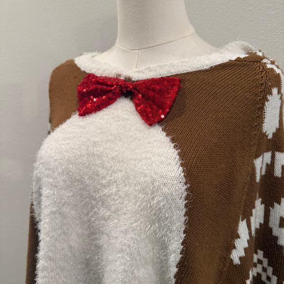 Reindeer Holiday Sweater Poncho Women Medium Ugly Xmas Antler Hood Sequin Bow - Picture 5 of 9